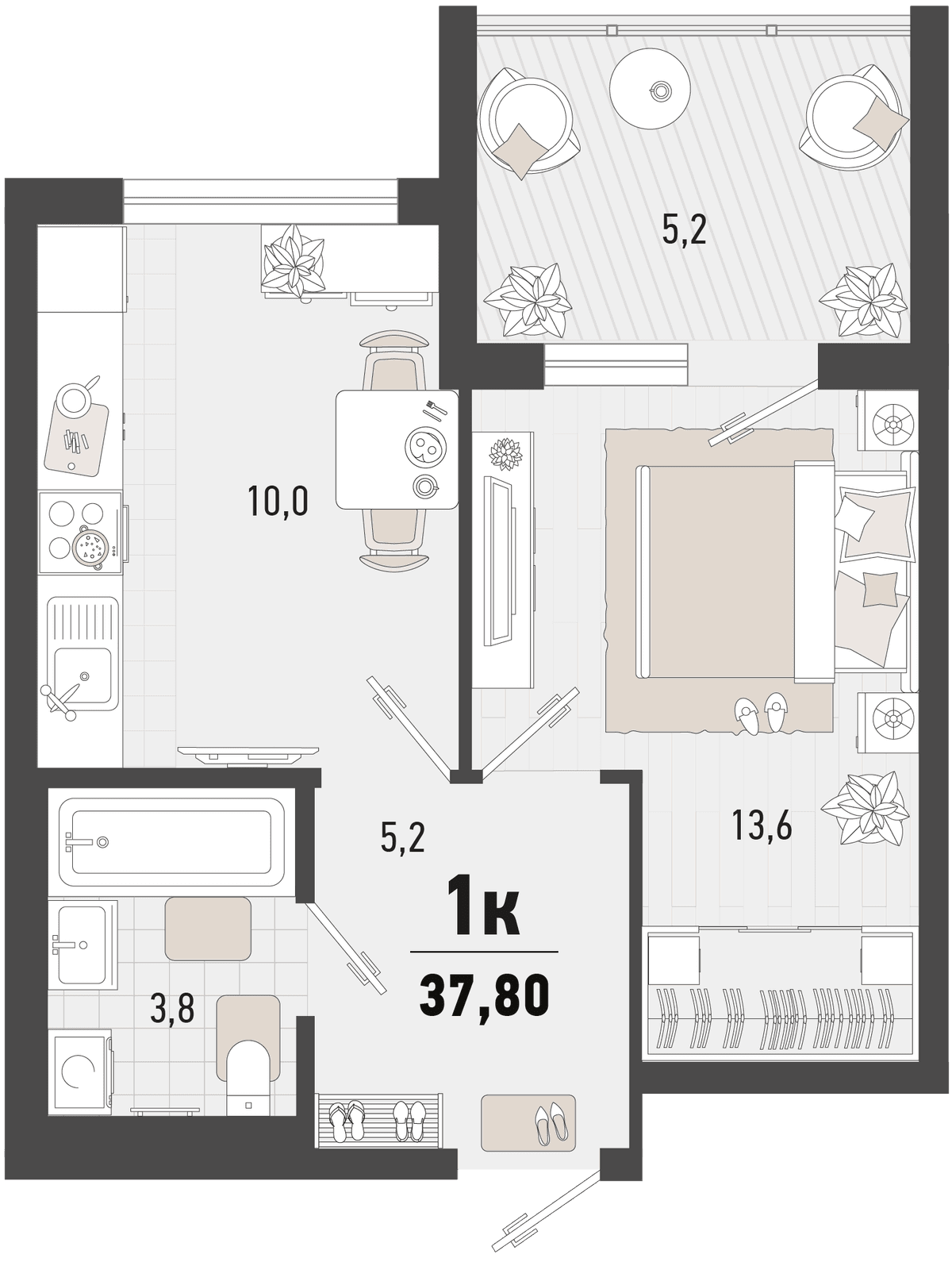 1-к, 37.8 м² · Барса