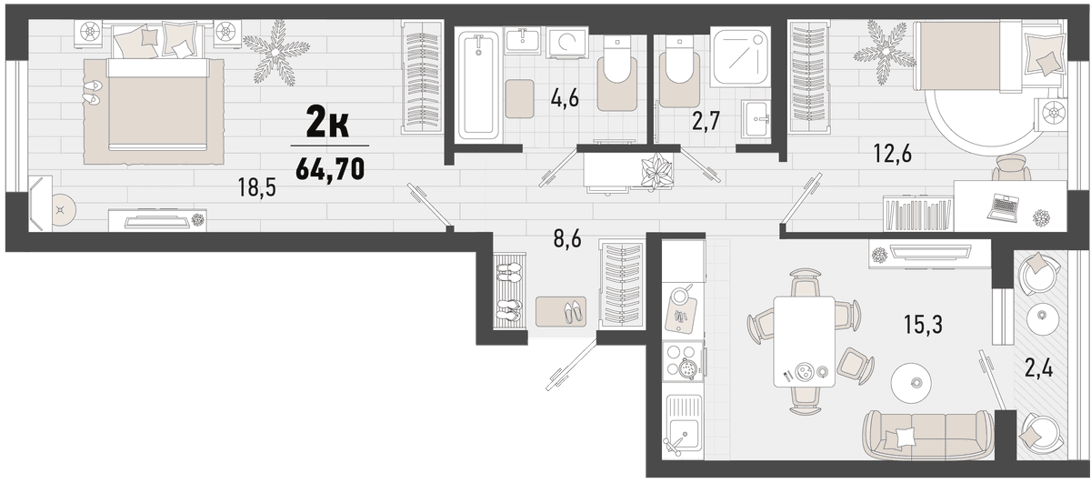 2-к, 64.7 м² · Барса