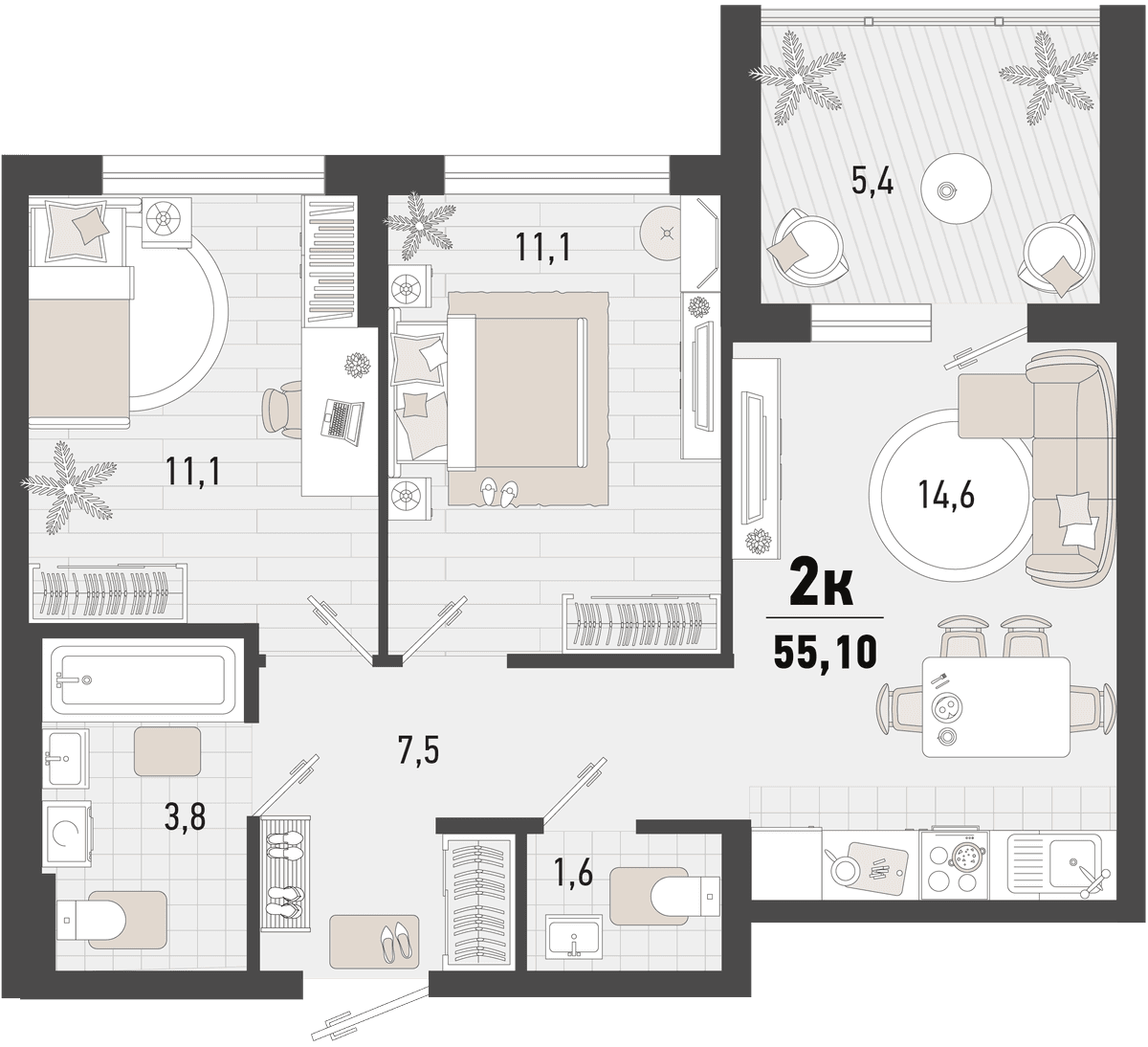 2-к, 55.1 м² · Барса