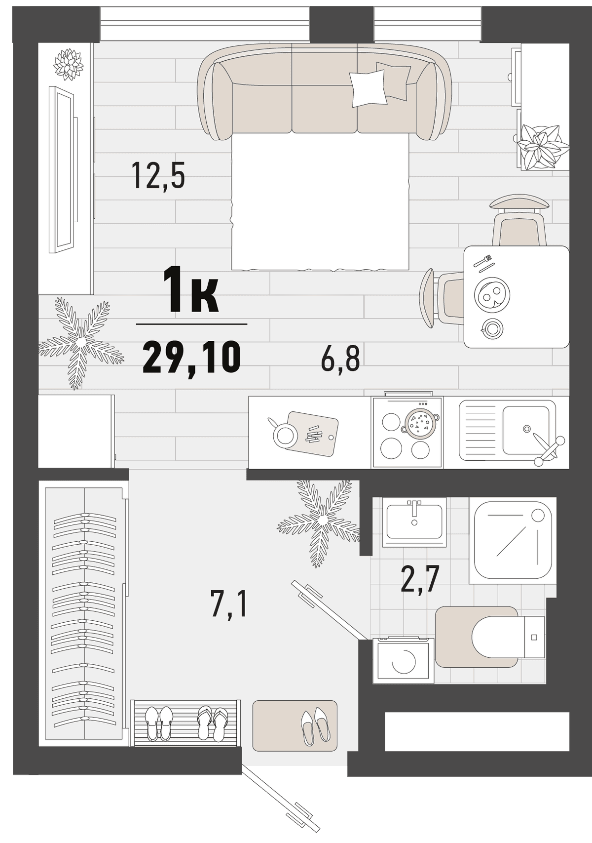 Студия, 29.1 м² · Барса