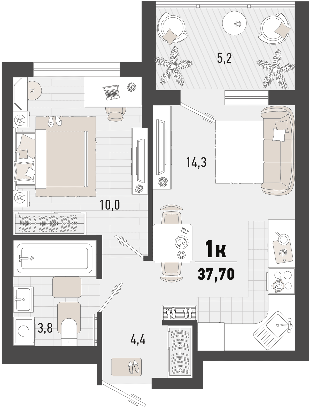 1-к, 37.7 м² · Барса