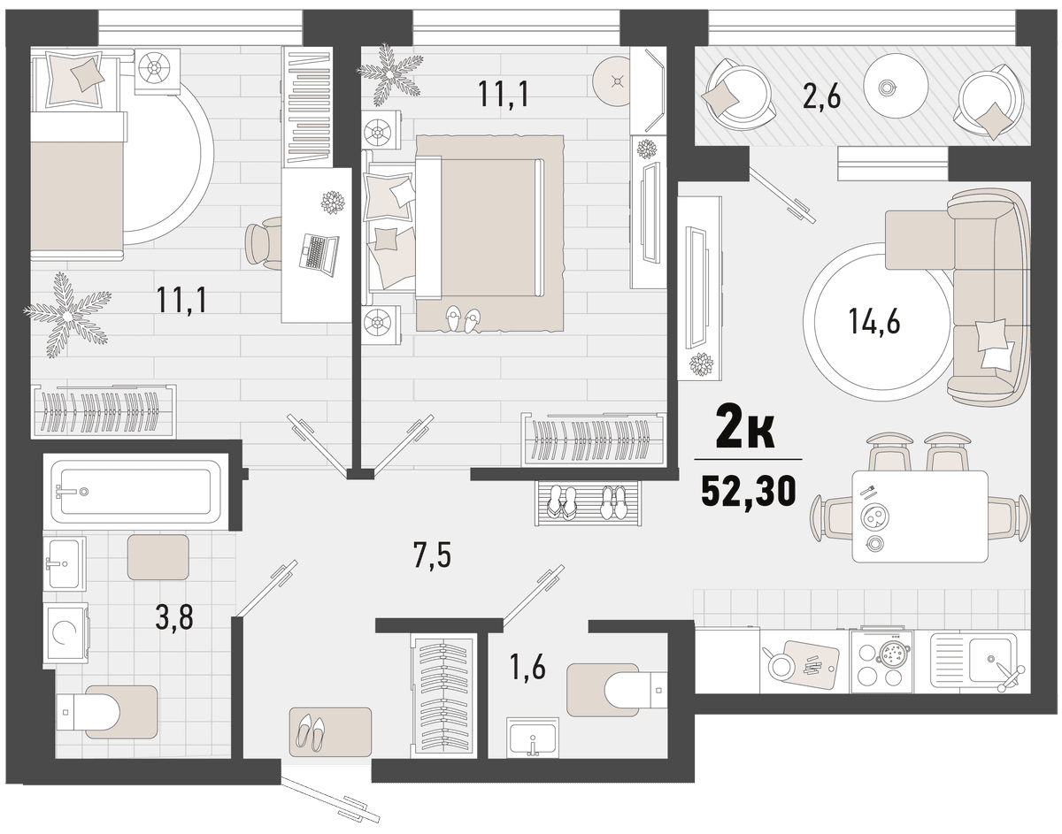 2-к, 52.3 м² · Барса