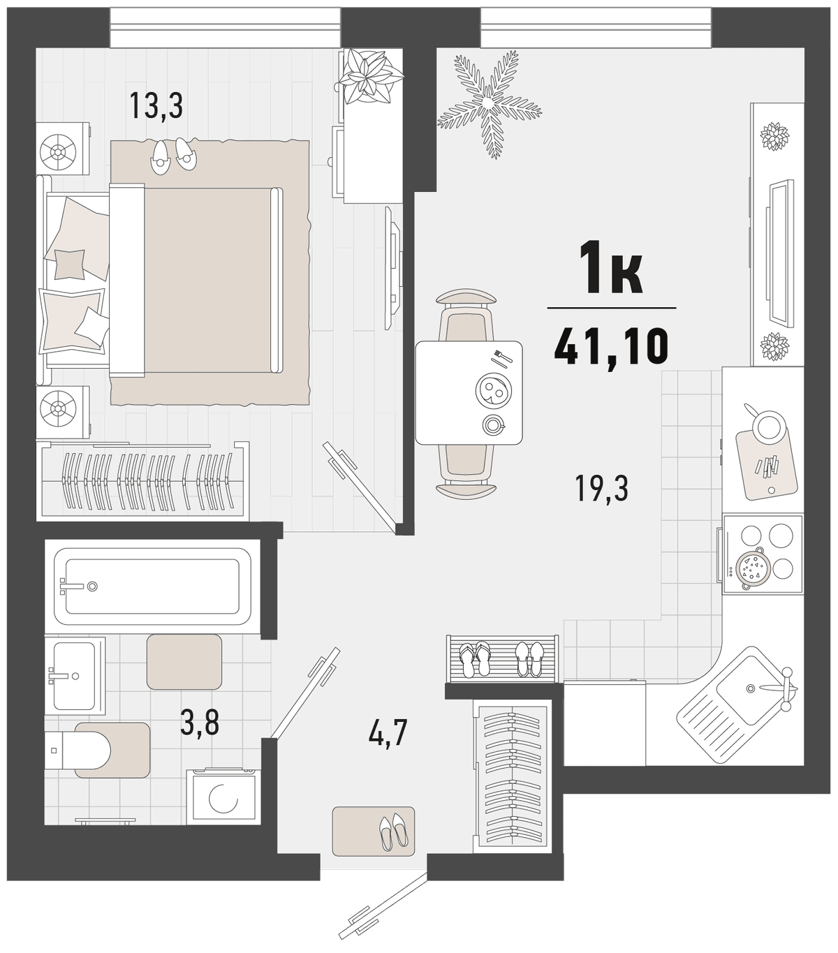 1-к, 41.1 м² · Барса