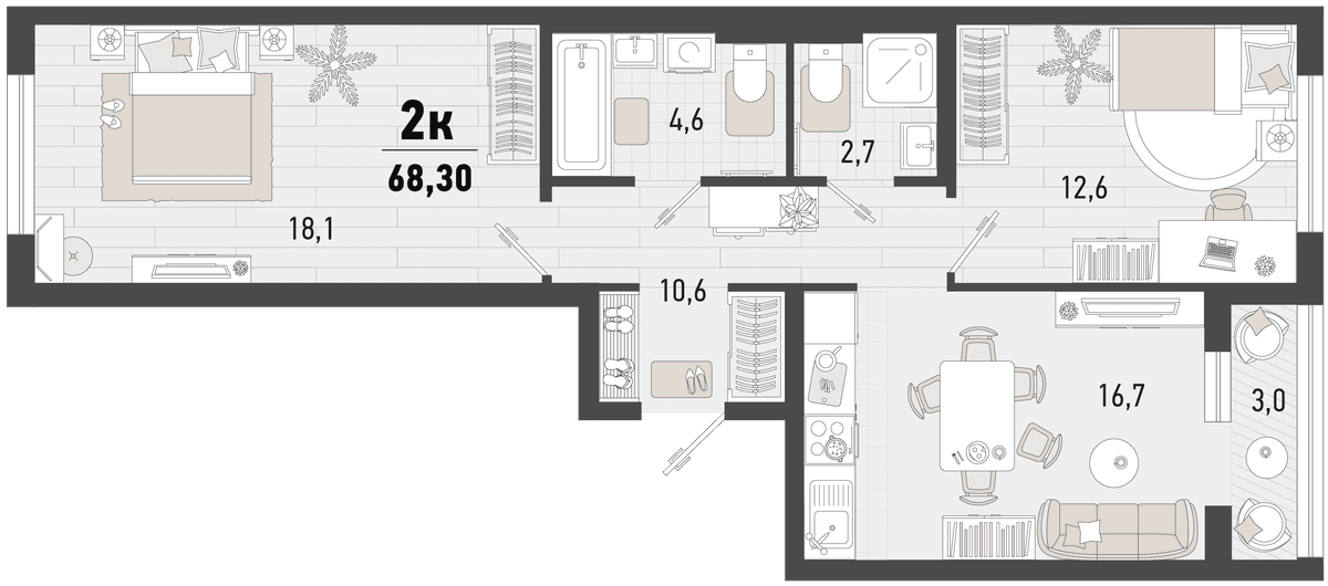 2-к, 68.3 м² · Барса
