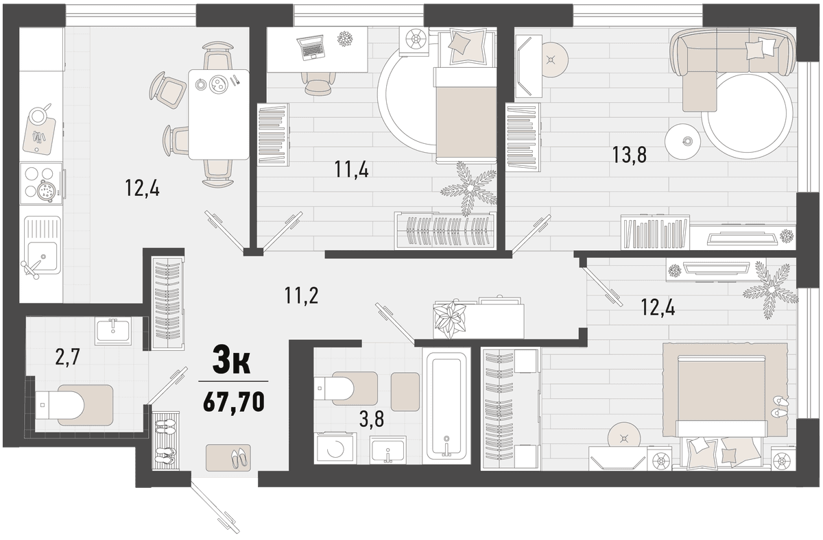 3-к, 67.7 м² · Барса