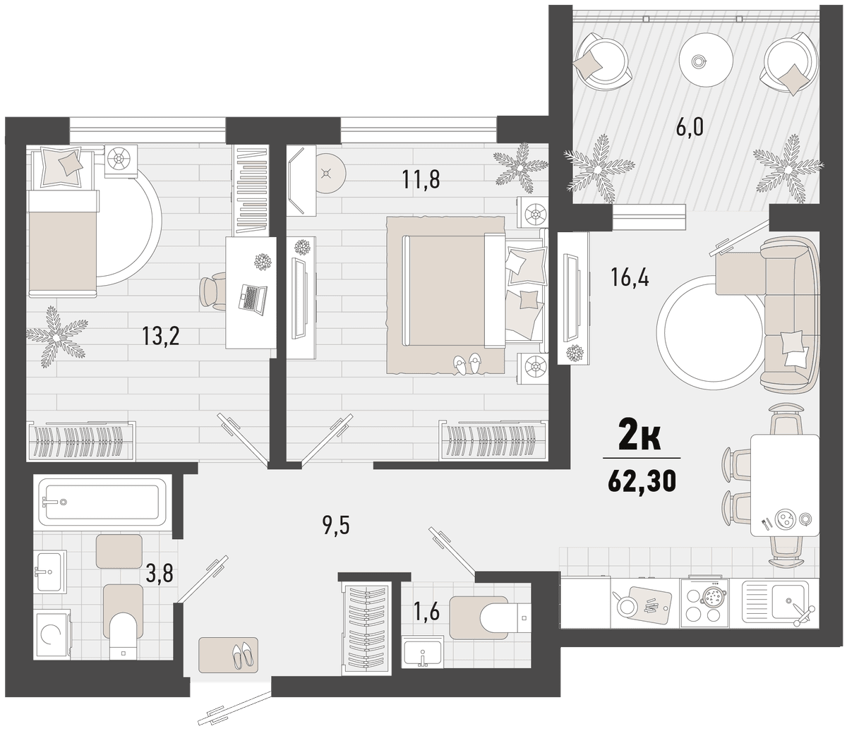 2-к, 62.3 м² · Барса