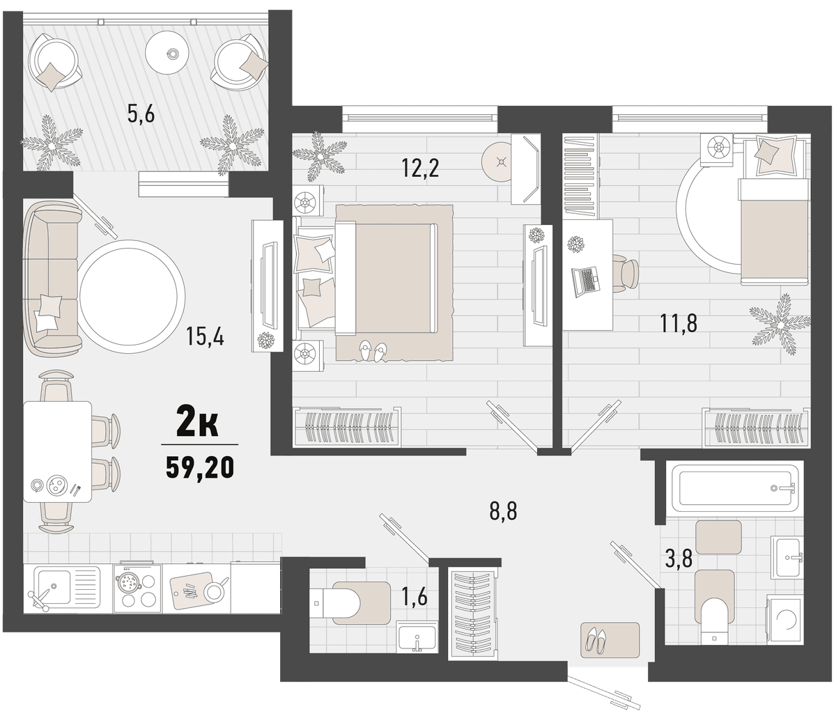 2-к, 59.2 м² · Барса