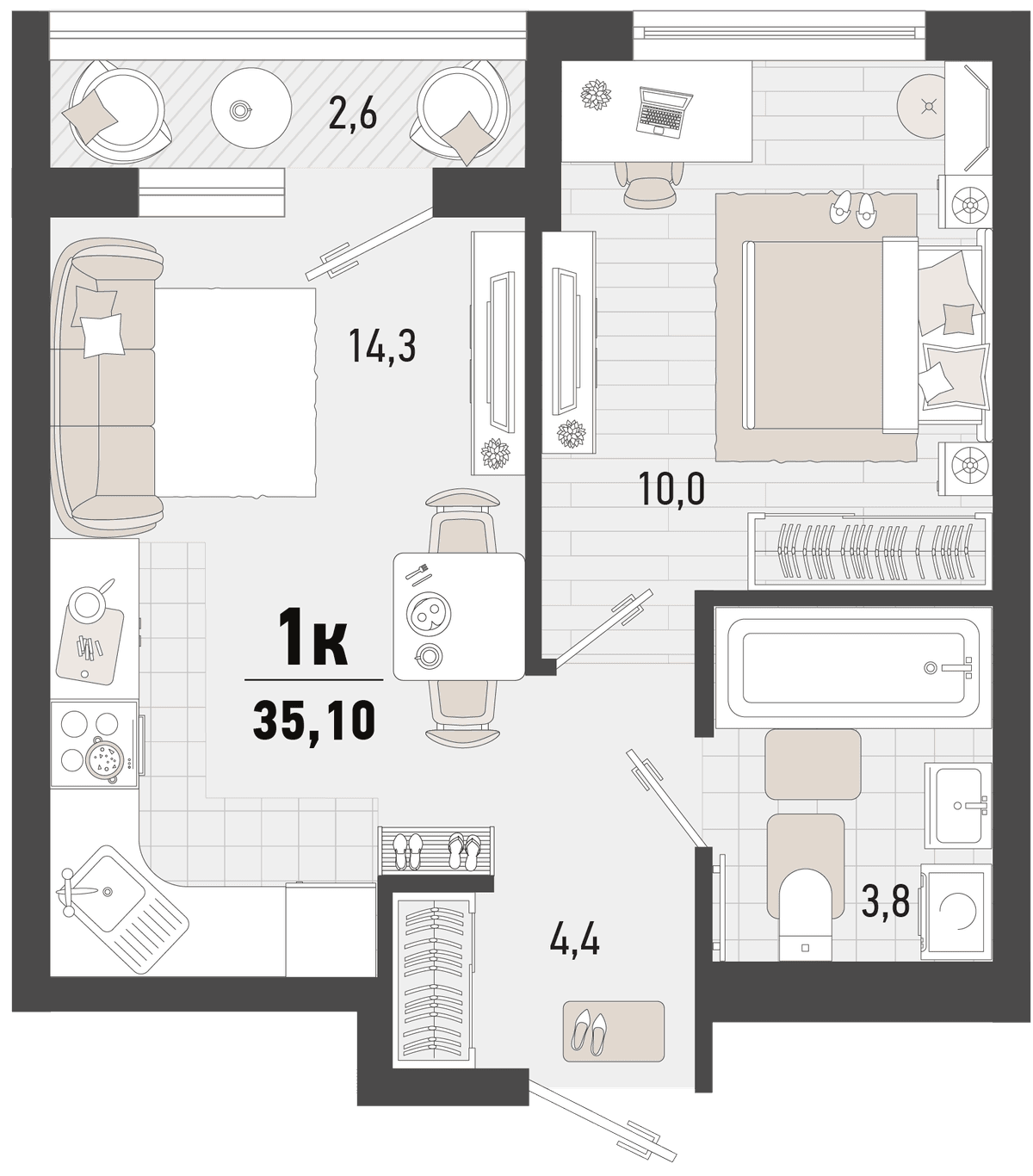 1-к, 35.1 м² · Барса