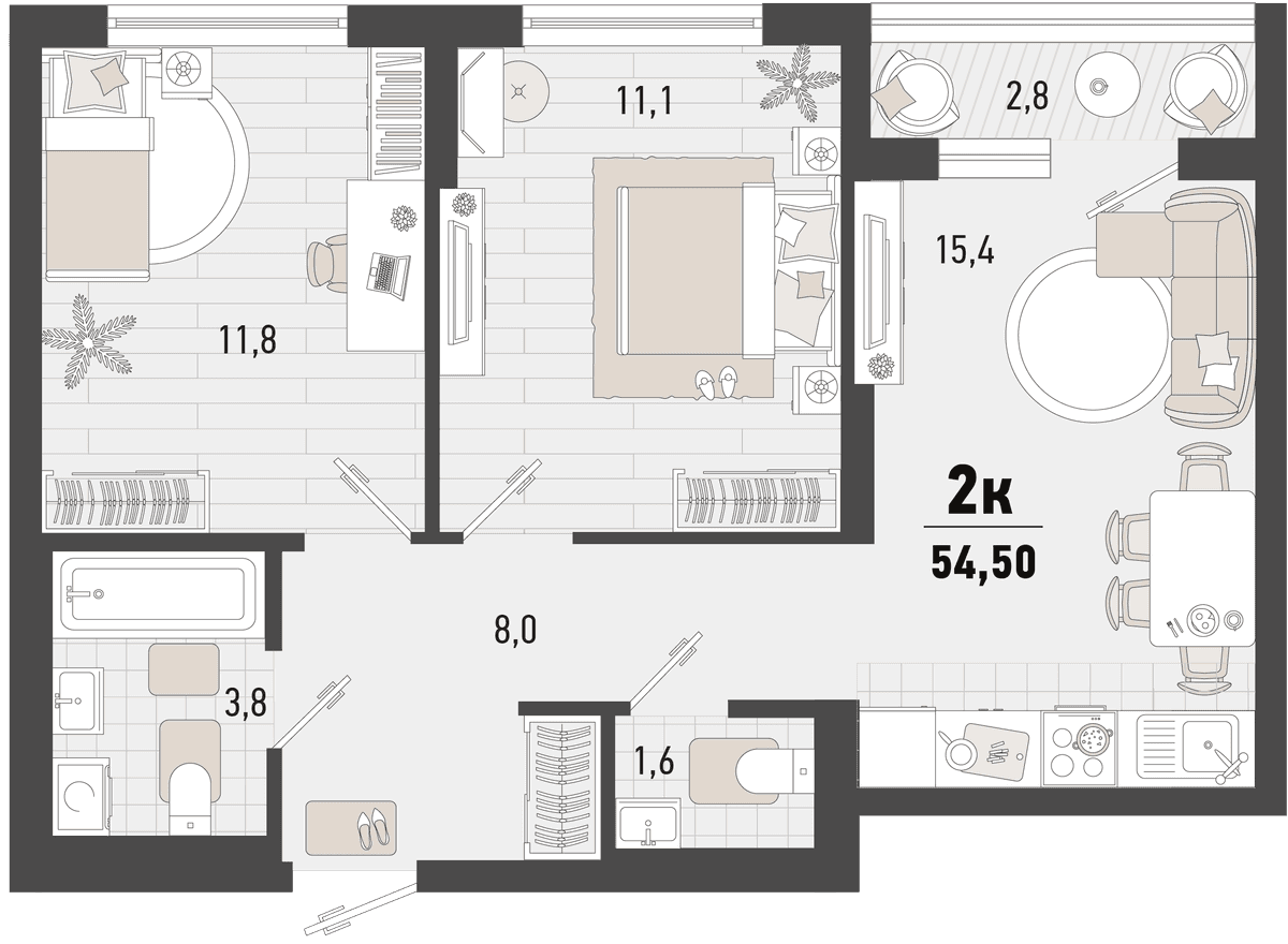 2-к, 54.5 м² · Барса