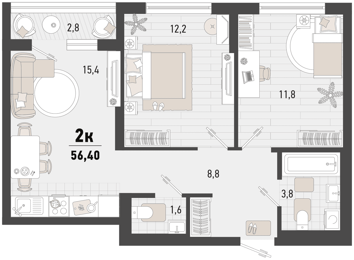2-к, 56.4 м² · Барса