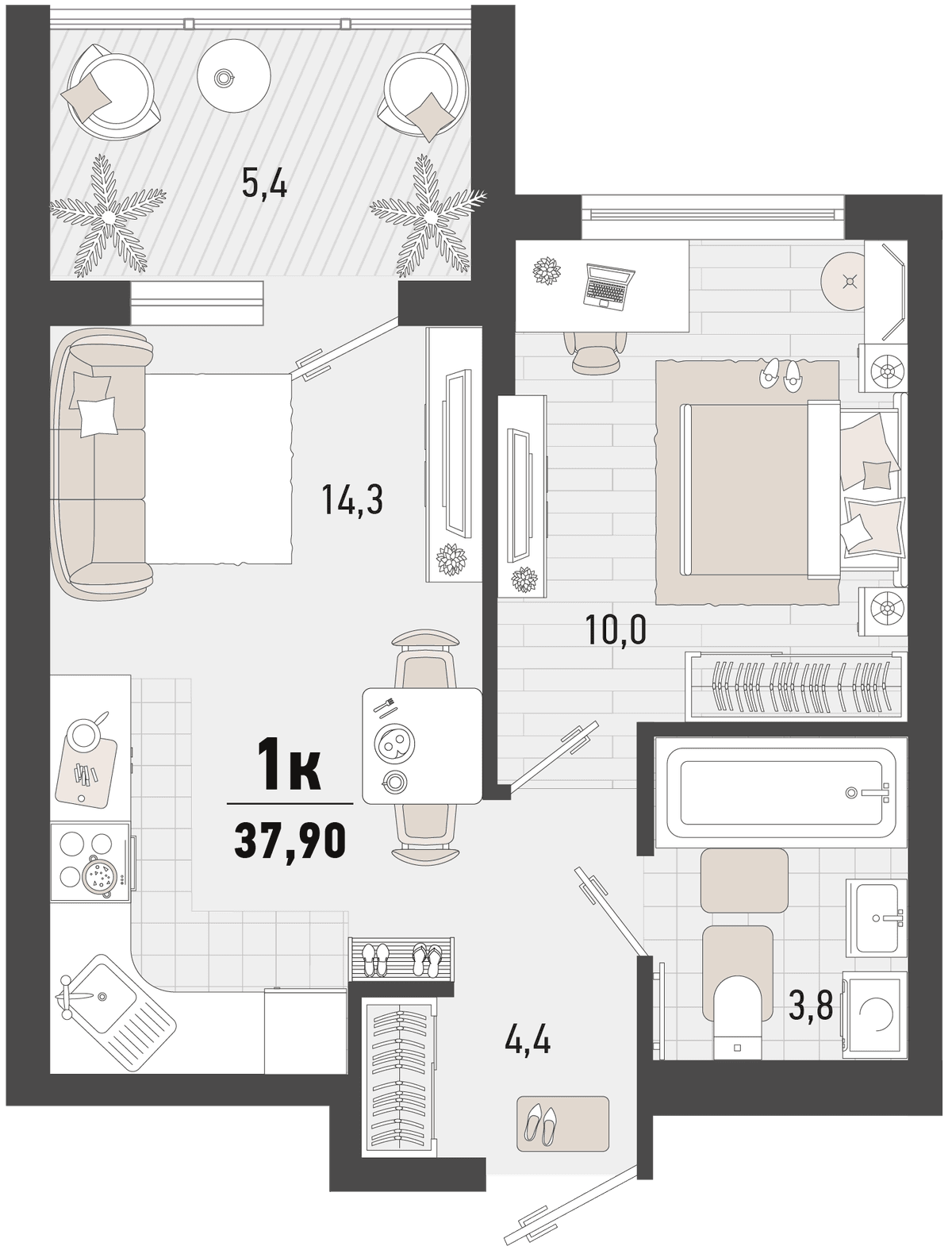 1-к, 37.9 м² · Барса