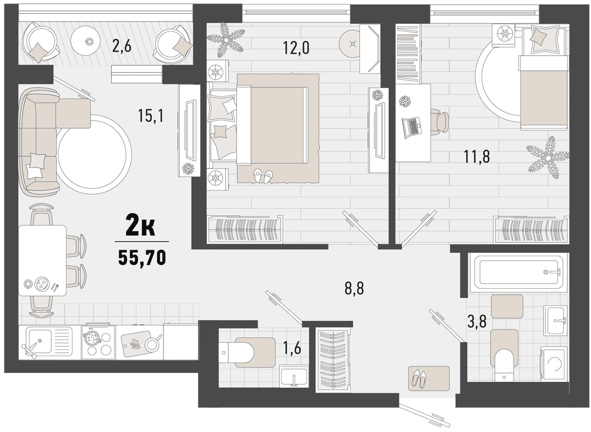 2-к, 55.7 м² · Барса