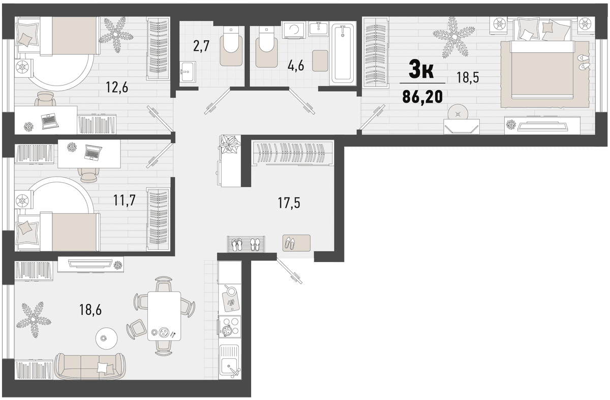 3-к, 86.2 м² · Барса