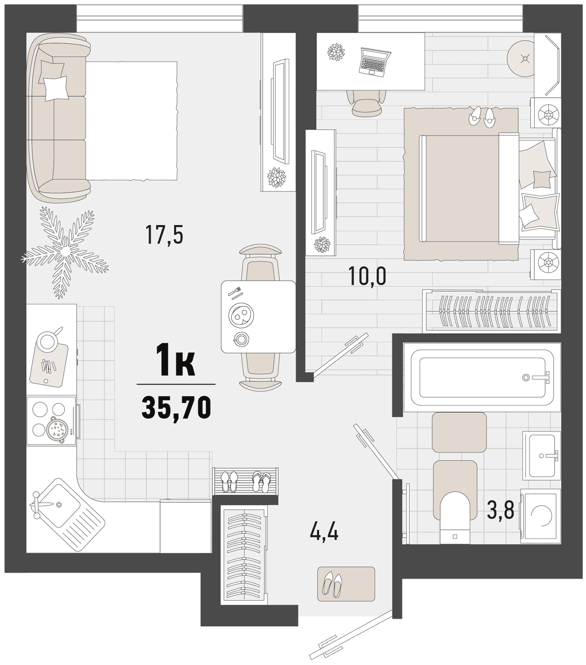 1-к, 35.7 м² · Барса