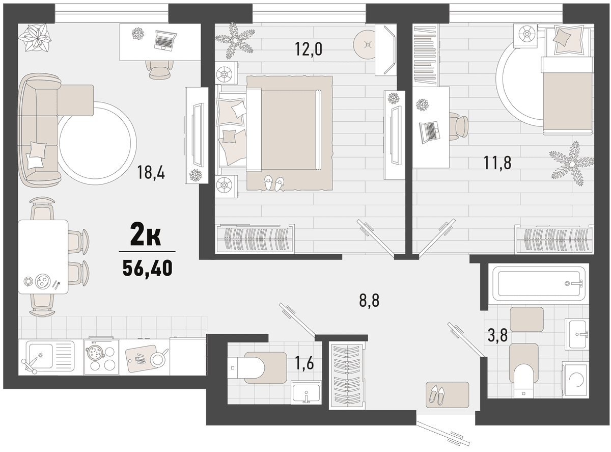 2-к, 56.4 м² · Барса
