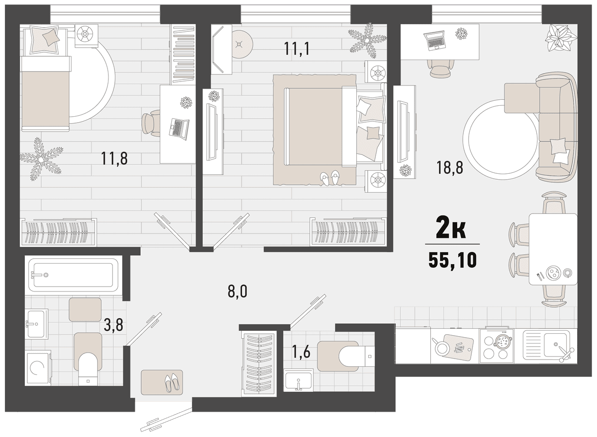 2-к, 55.1 м² · Барса