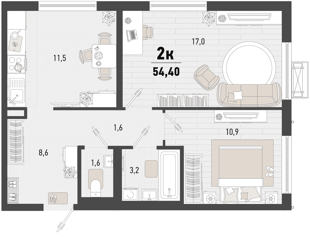 2-к, 54.4 м² · Барса