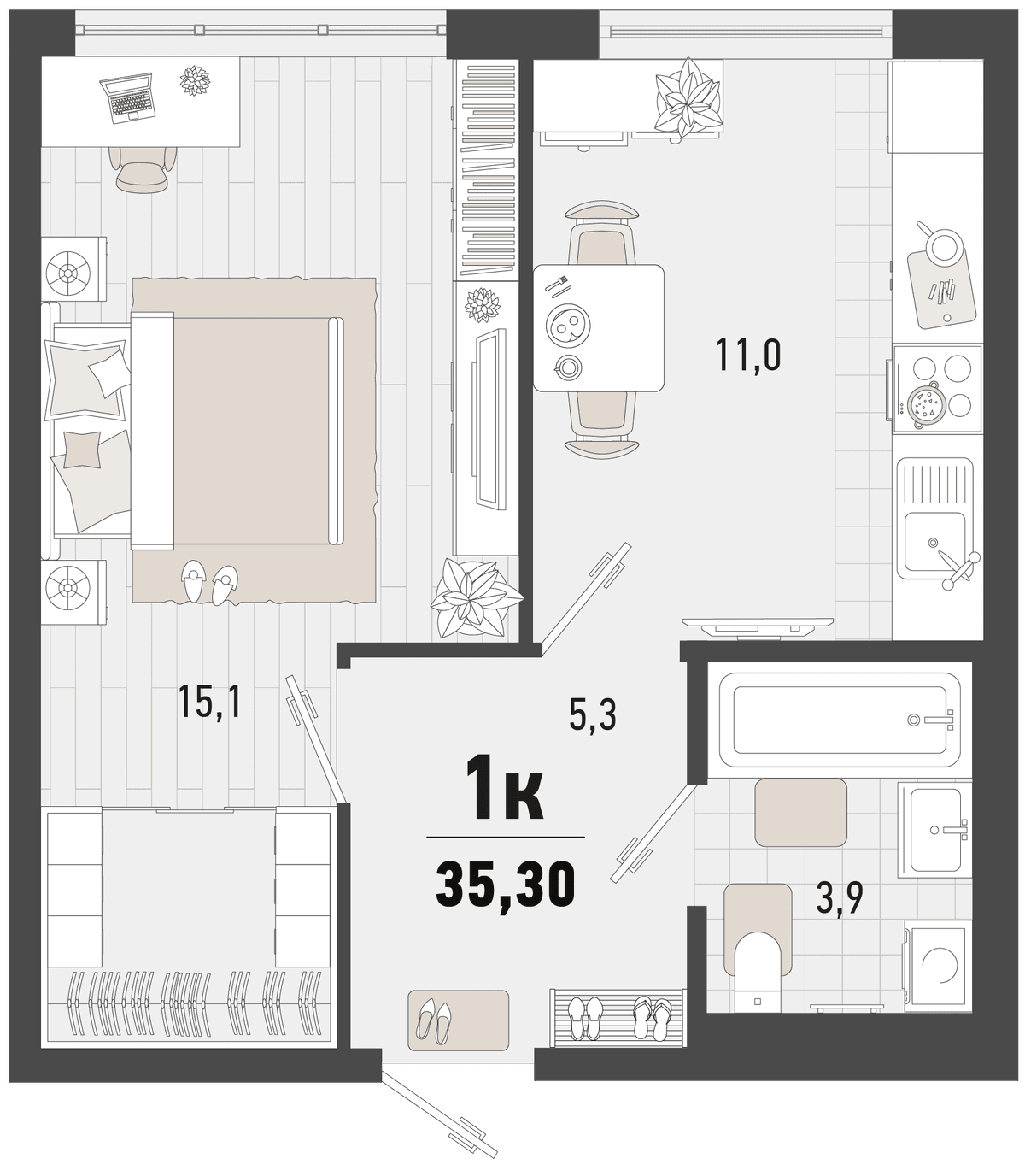 1-к, 35.3 м² · Барса