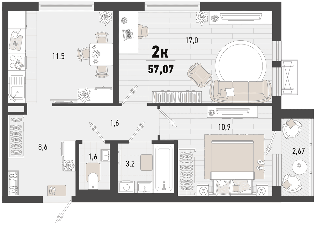 2-к, 57.07 м² · Барса