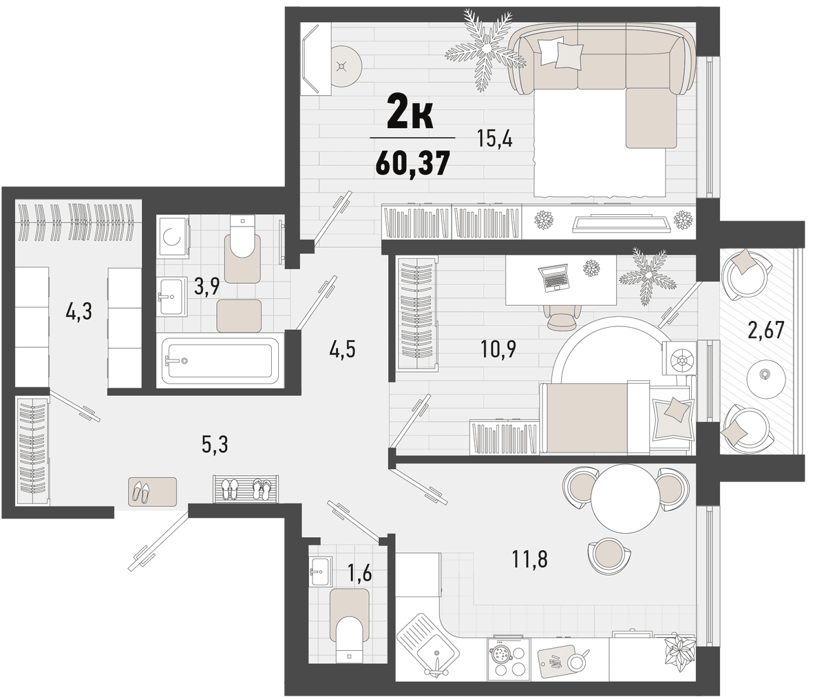 2-к, 60.37 м² · Барса