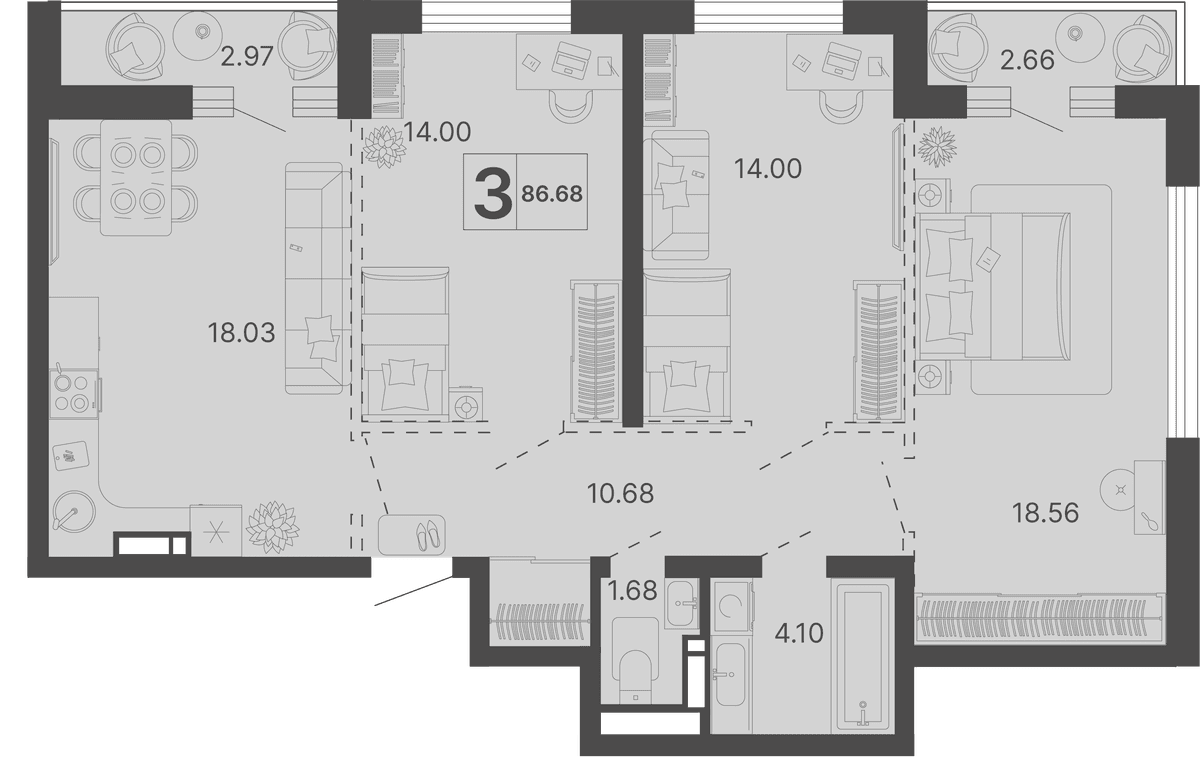3-к, 86.68 м² · Светский лес