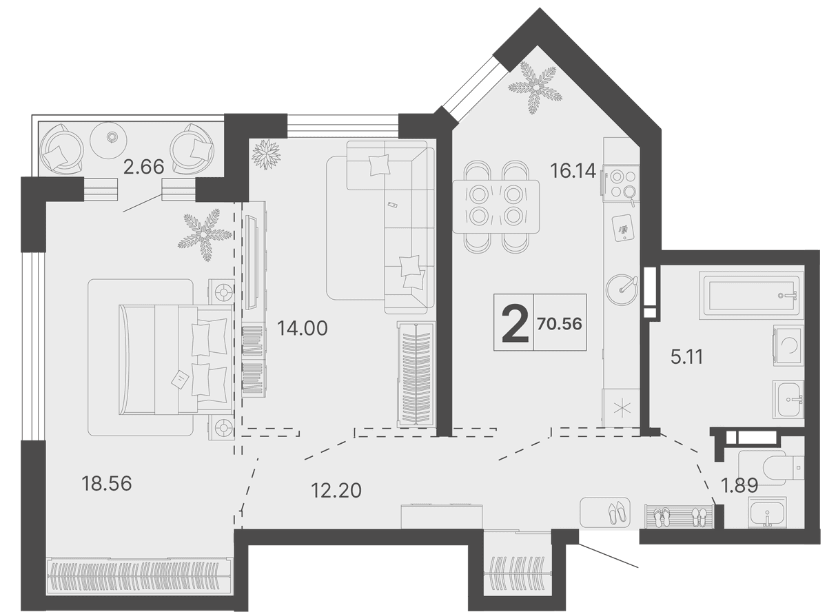 2-к, 70.56 м² · Светский лес