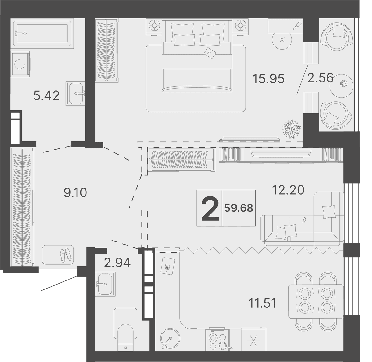 2-к, 59.68 м² · Светский лес
