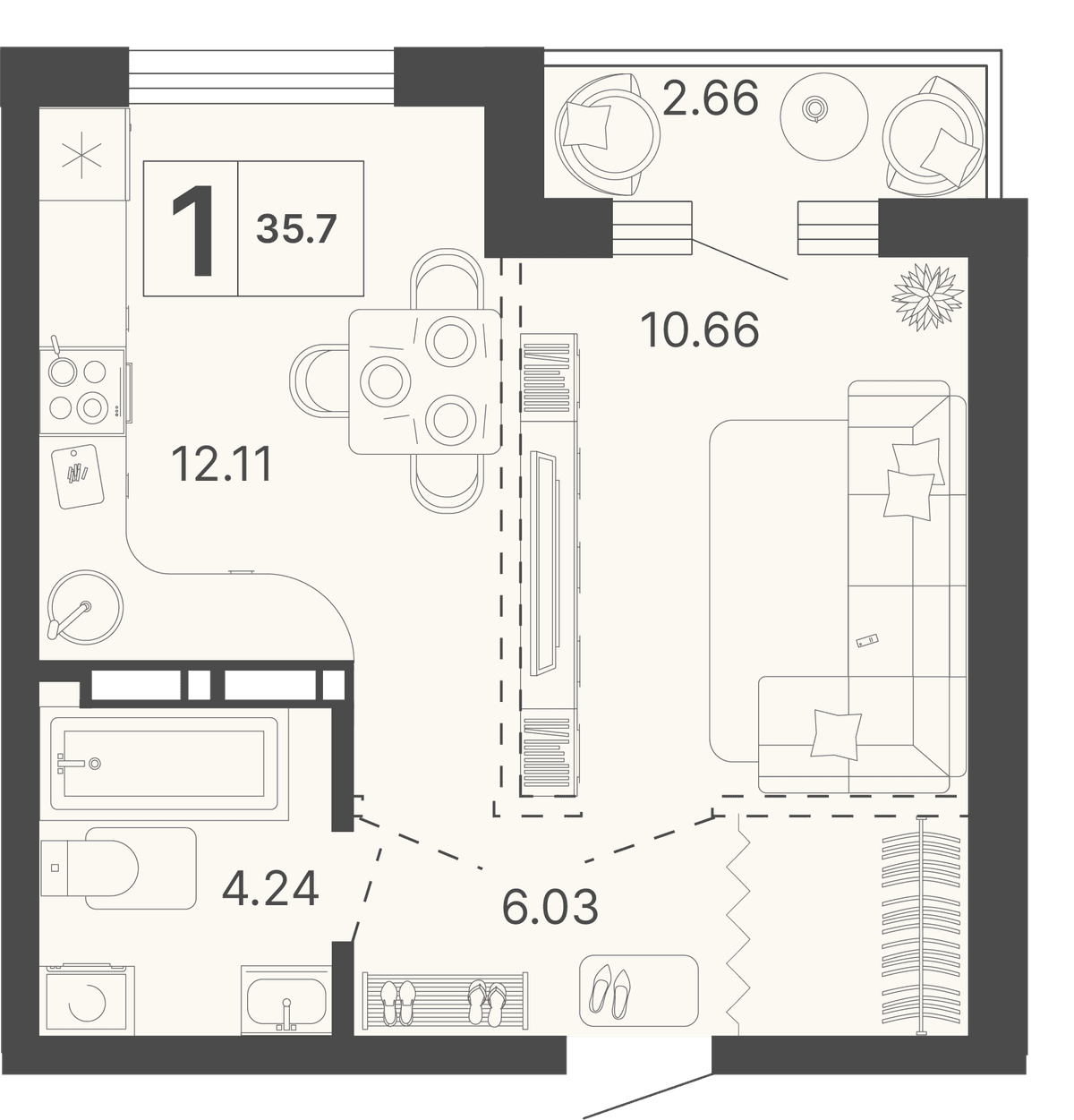 1-к, 35.7 м² · Светский лес
