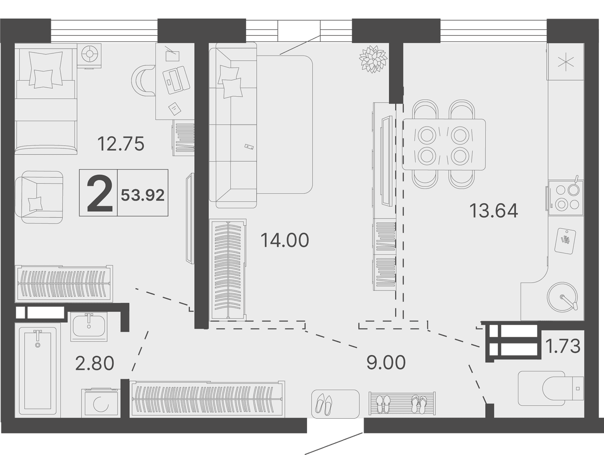 2-к, 53.92 м² · Светский лес