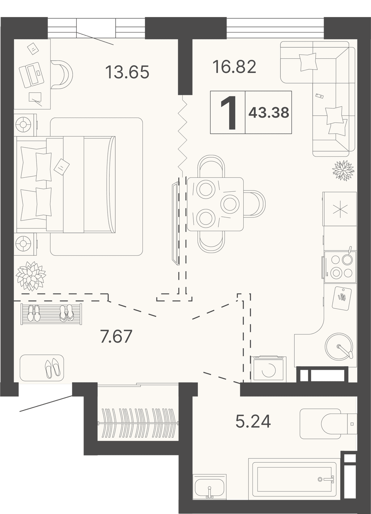 1-к, 43.38 м² · Светский лес