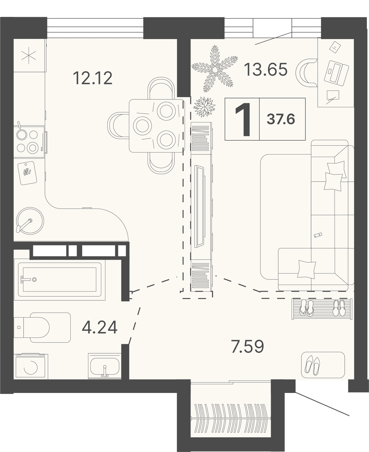 1-к, 37.6 м² · Светский лес