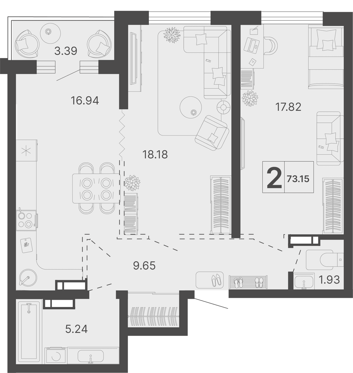2-к, 73.15 м² · Светский лес