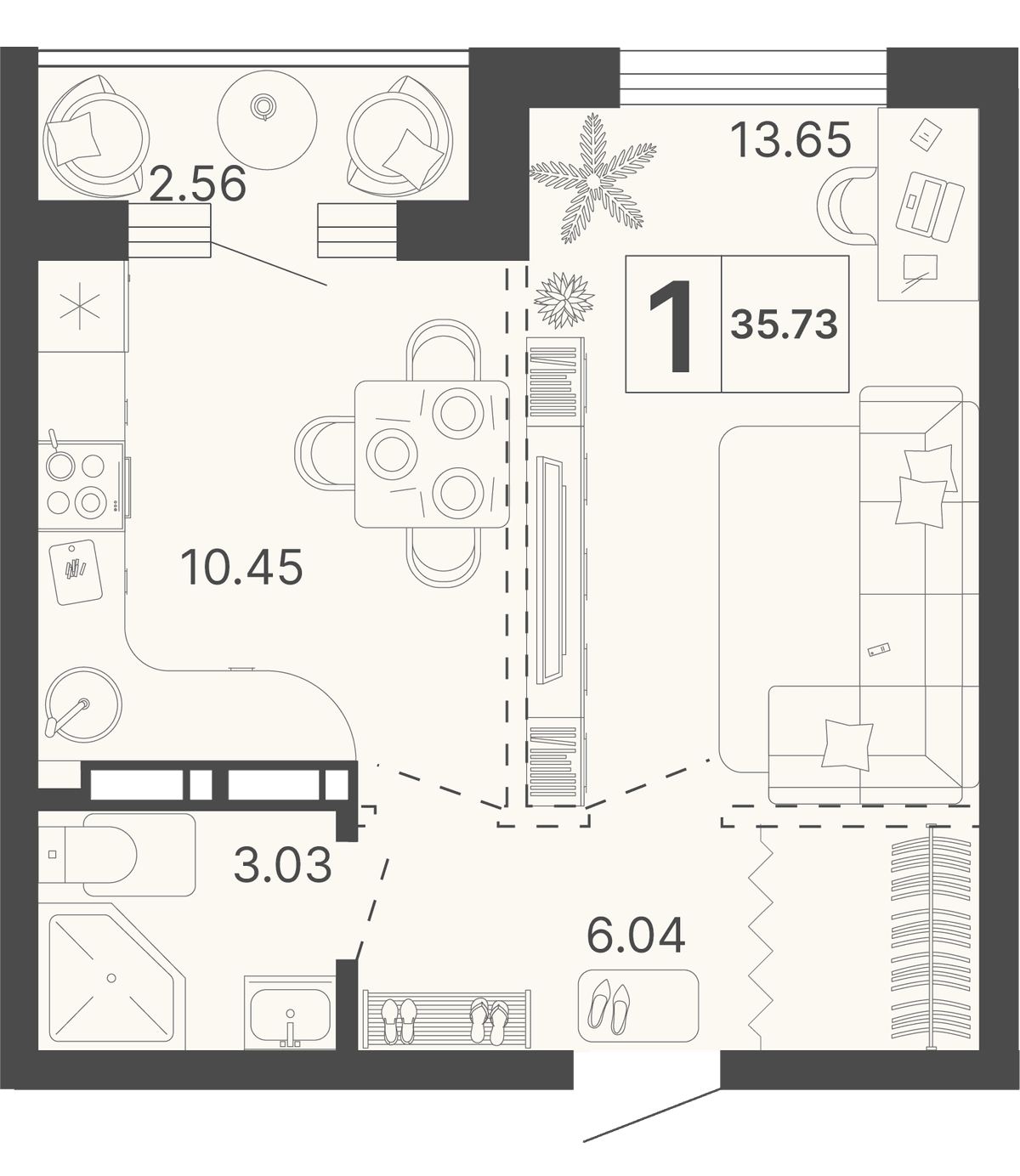 1-к, 35.73 м² · Светский лес