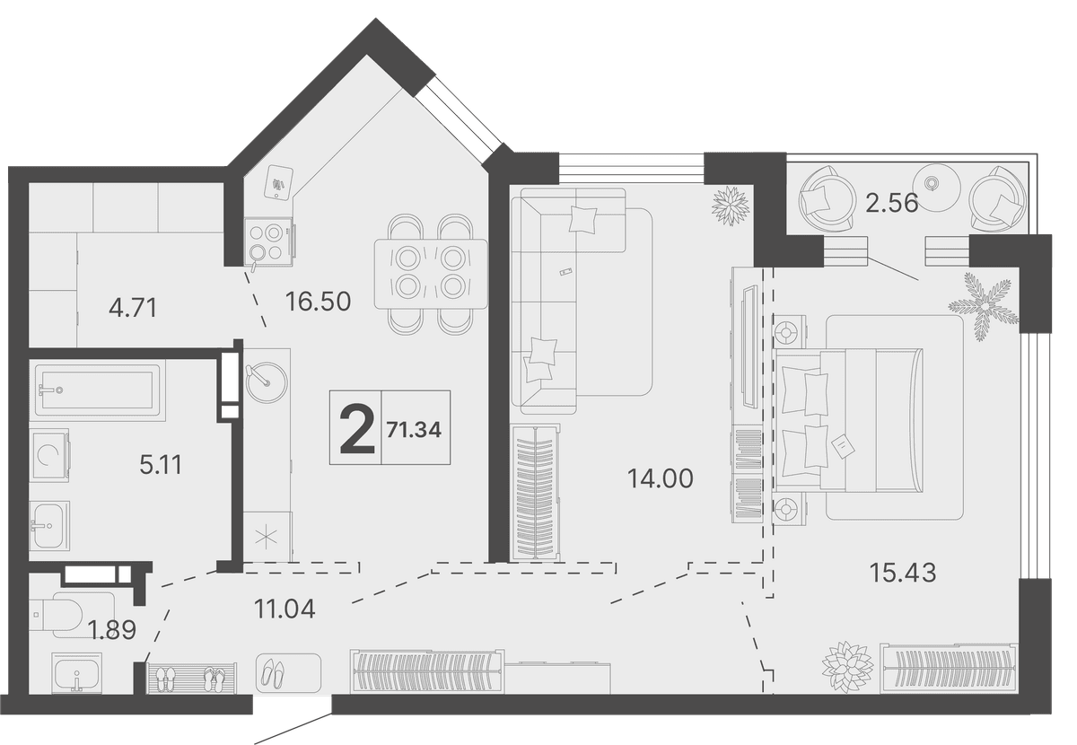 2-к, 71.34 м² · Светский лес