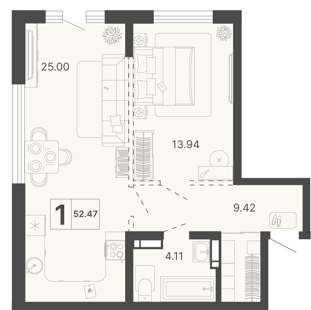1-к, 52.47 м² · Светский лес