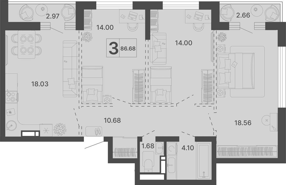 3-к, 86.68 м² · Светский лес