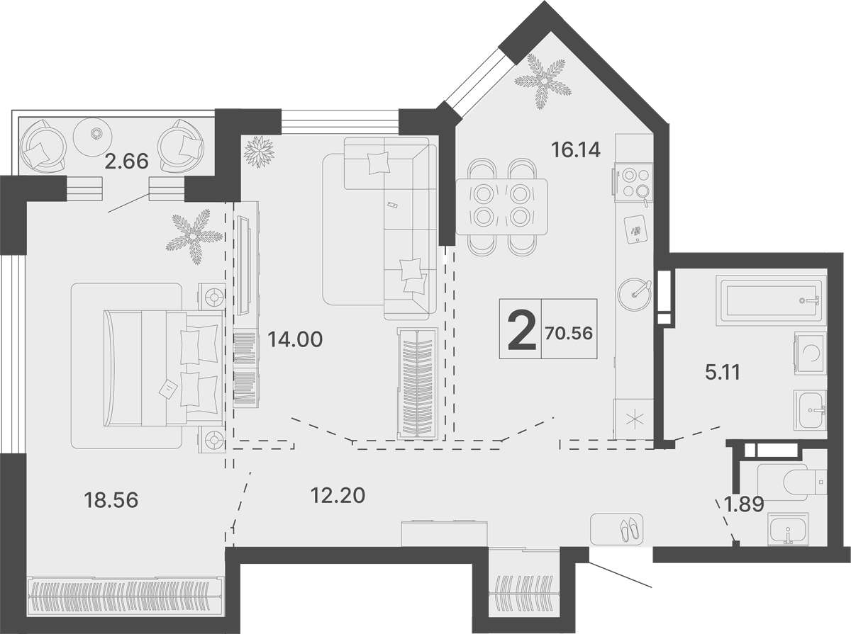2-к, 70.56 м² · Светский лес
