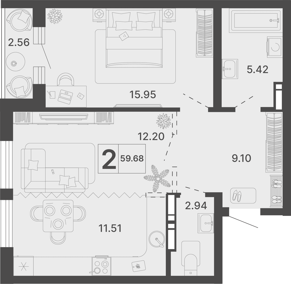 2-к, 59.68 м² · Светский лес
