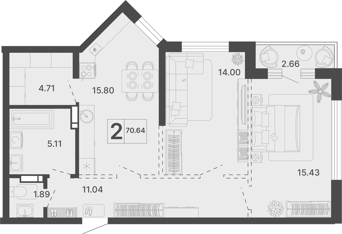 2-к, 70.64 м² · Светский лес