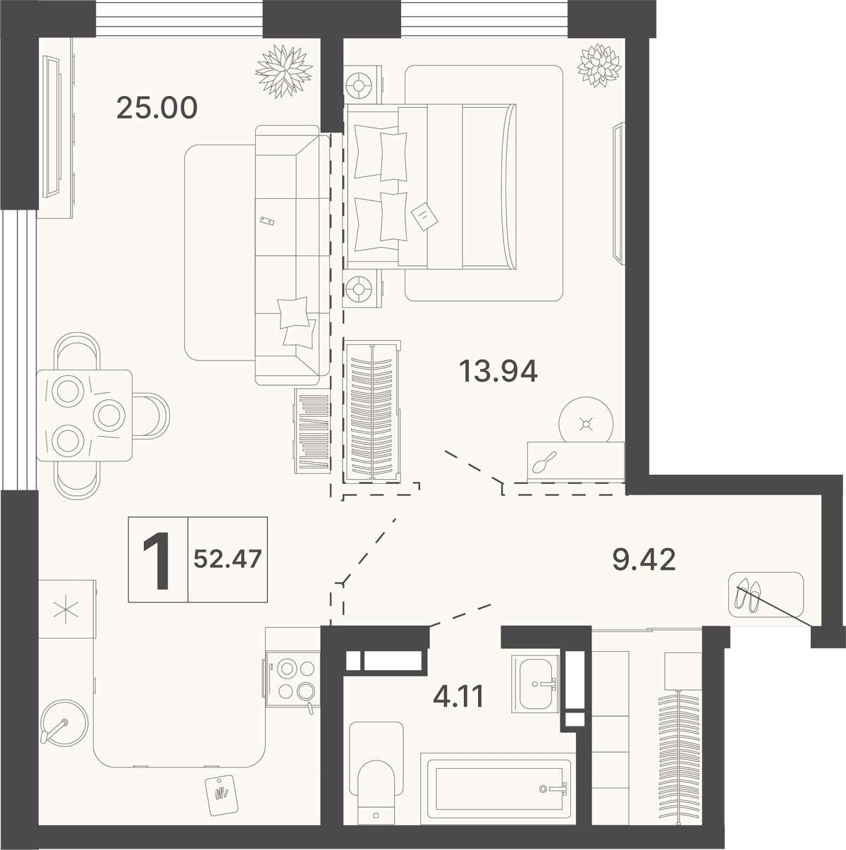 1-к, 52.47 м² · Светский лес