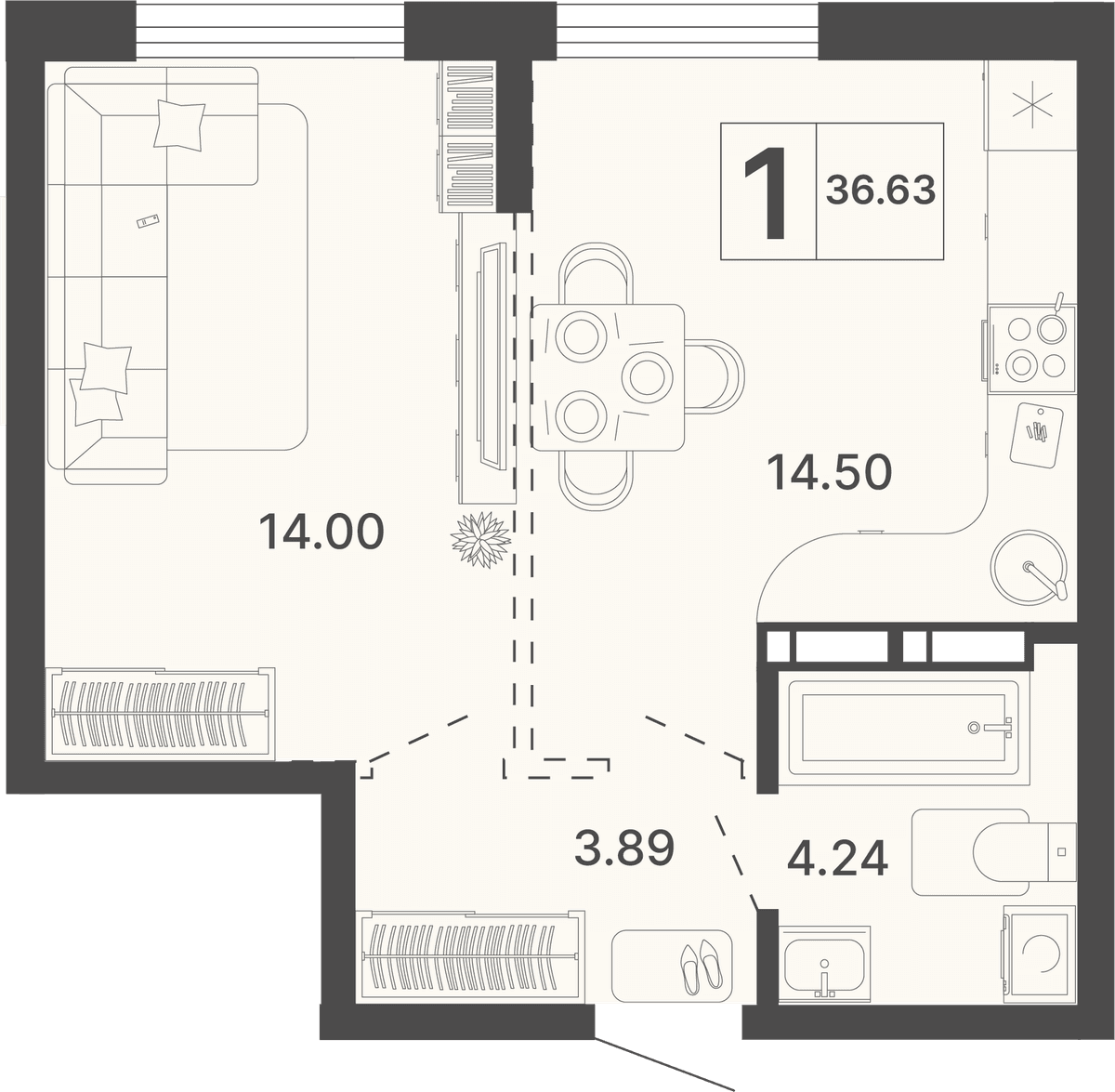 1-к, 36.63 м² · Светский лес