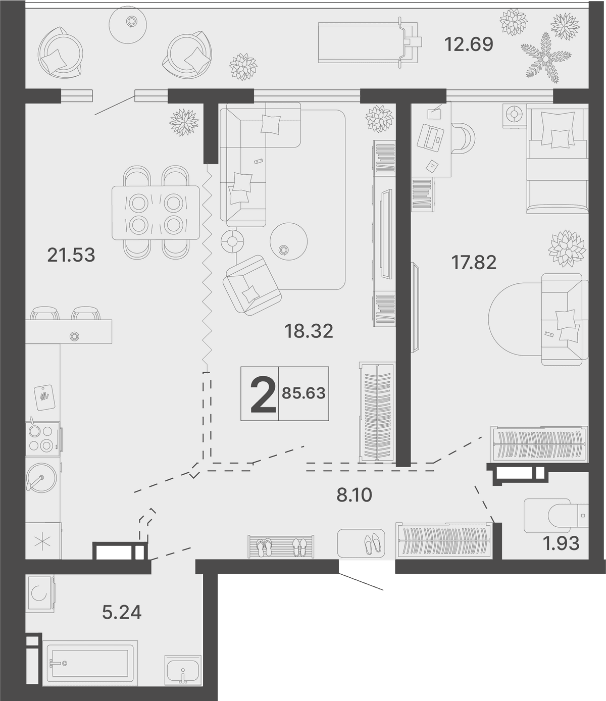 2-к, 85.63 м² · Светский лес