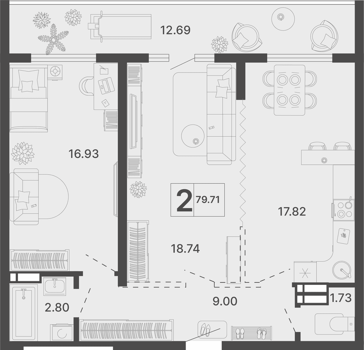 2-к, 79.71 м² · Светский лес