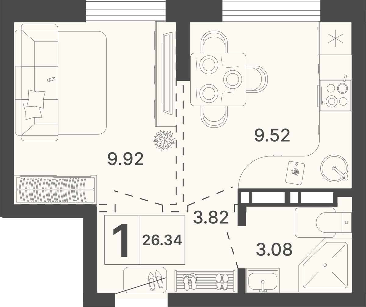 1-к, 26.34 м² · Светский лес