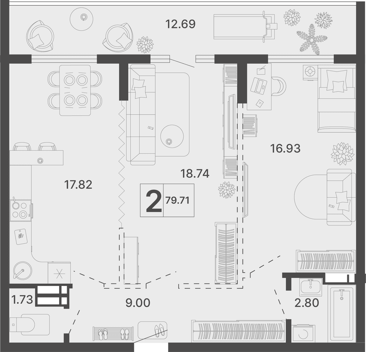 2-к, 79.71 м² · Светский лес