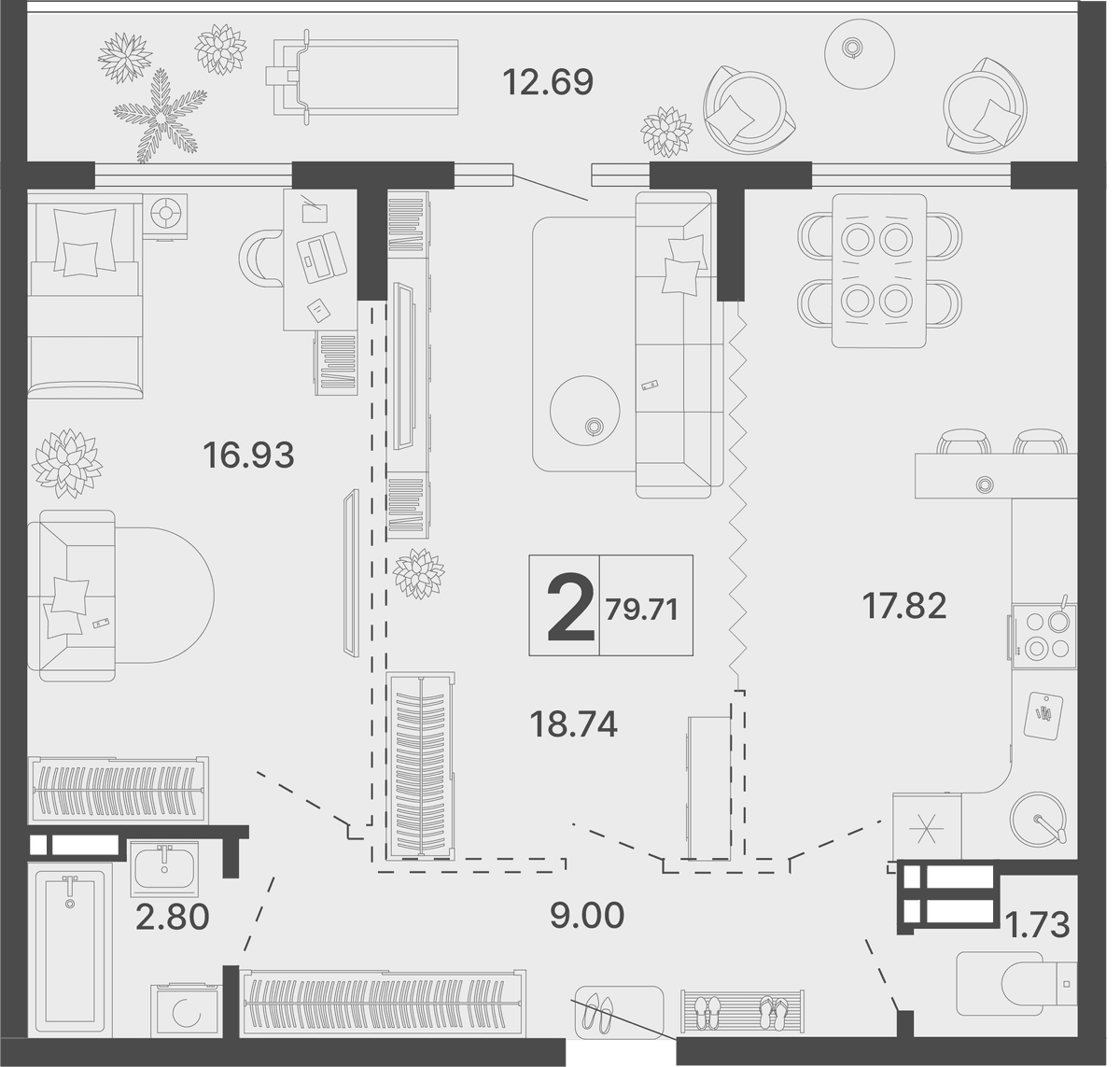 2-к, 79.71 м² · Светский лес