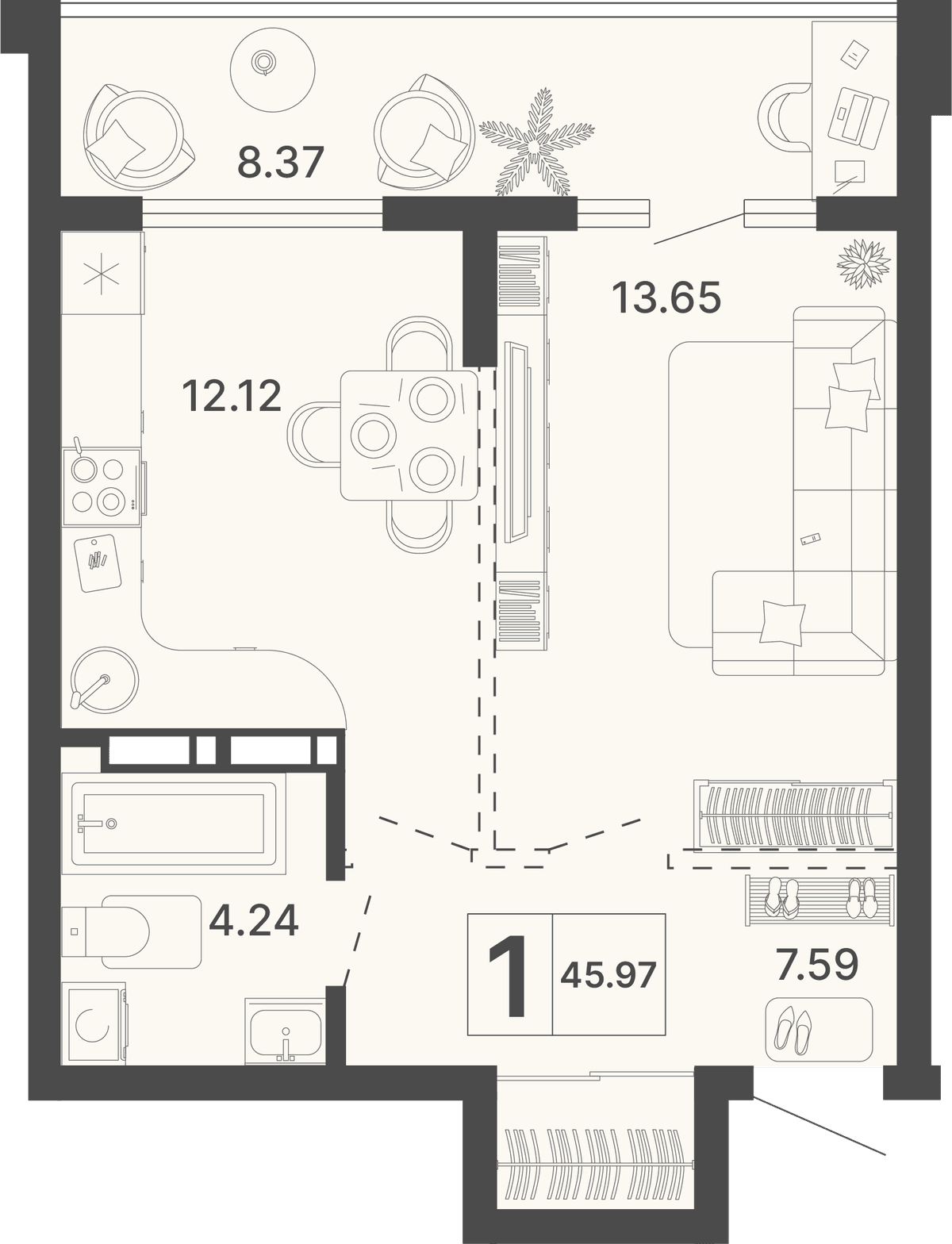 1-к, 45.97 м² · Светский лес