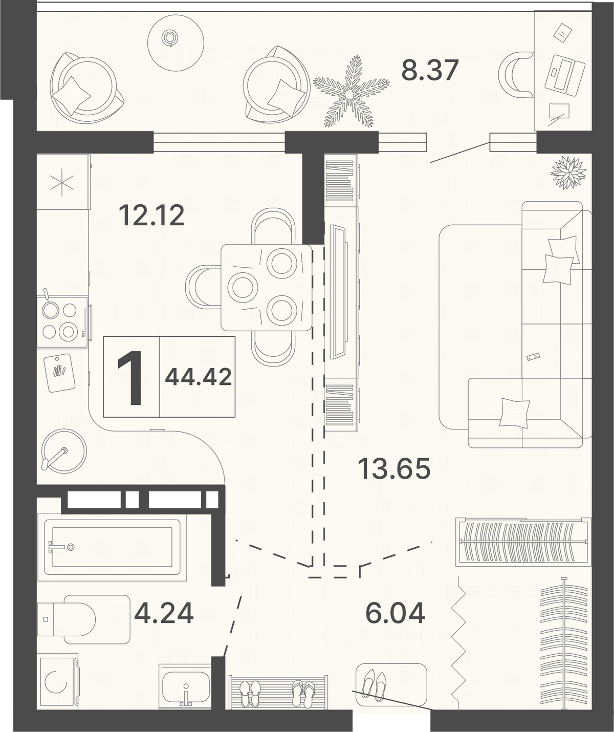 1-к, 44.42 м² · Светский лес