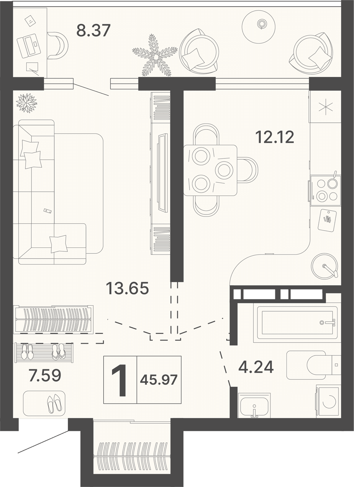 1-к, 45.97 м² · Светский лес