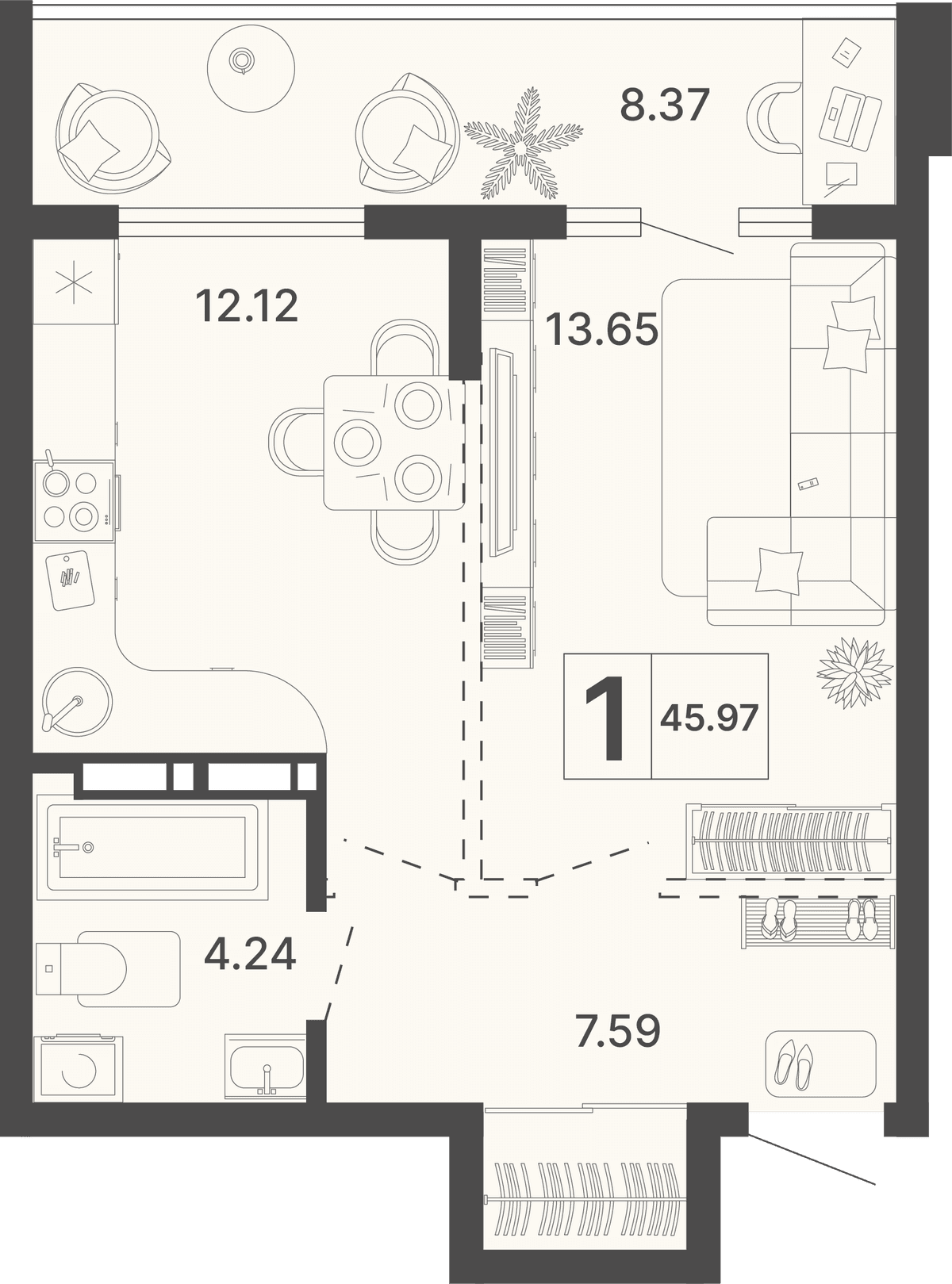 1-к, 45.97 м² · Светский лес